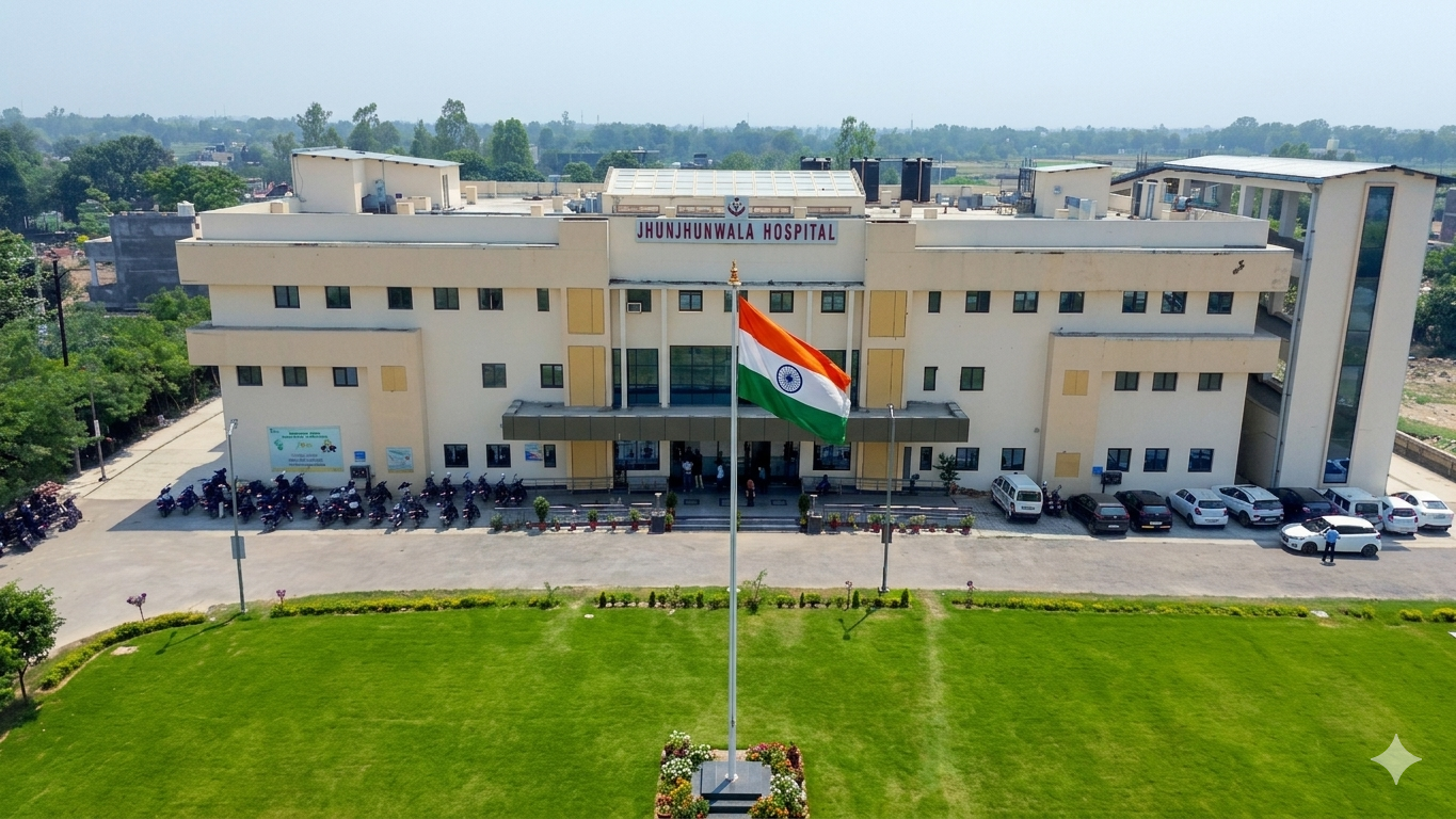 Jhunjhunwala Hospital main building front view in Ayodhya